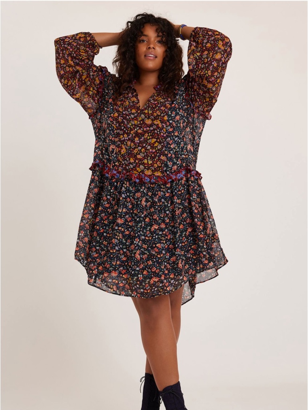 Anthropologie Floral Tiered Long-Sleeve Mini Dress